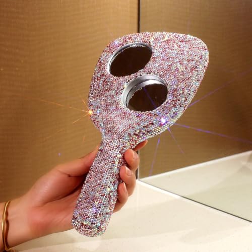 Bling Bling Handheld Mirror - HD Portable Compact Makeup Mirror with Rhinestone Accents - Luxury Desktop Cosmetic Mirror Gift (Pink)