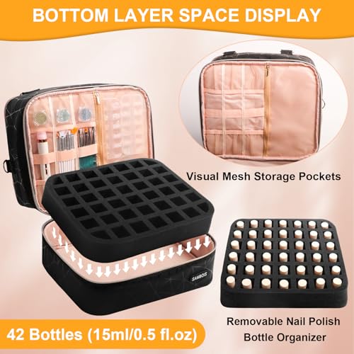 Nail Polish Organizer Bag Holds 84 Bottles (15ml/0.5 fl.oz)& Nail Lamp, PU Leather Nail Supplies Organizer with Holder& Shoulder Strap, Portable Travel Nail Kit Storage Carrying Case (Black)