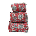 Cotton Hand Block Floral Print Toiletry Bag for Women, Makeup Cosmetic Organizer, Travel Accessories Set of 3 (floral-red)