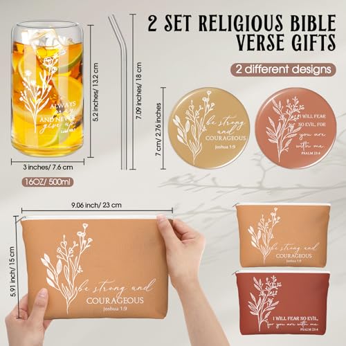 Fumete 2 Set Women's Day Christian Gifts for Women Bulk Religious Makeup Bag Bible Verse Glass Cup Mini Christian Compact Mirror Regalos Cristianos for Church Mothers Day Gifts (Bright Colors)