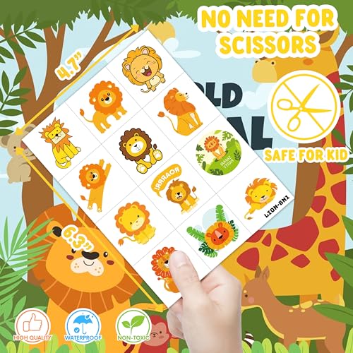 96PCS Cute Lion Pre-Cut Temporary Tattoos ? Safari Jungle Theme Birthday Party Decorations Supplies, Party Favors, Fun Stickers for Kids Adults Boys Girls, Classroom Gifts & Rewards
