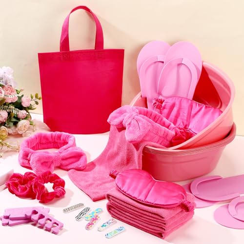 54Pcs Kids Foot Spa Party Supplies for Girl Spa Party Favors 6 Washbasin 6 Tote Bags 6 Hand Towels 6 Toe Separators 6 Hair Scrunchies 6 Hairband 6 Slipper 6 Eye Mask 6 Nail File(Rose Red)