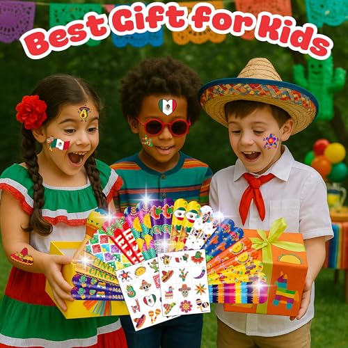 48PCS Cinco de Mayo Party Favor Set - 24PCS Temporary Pre - cut Tattoos & 24PCS Slap Bracelets - Mexican Fiesta Birthday Supplies, Baby Shower Gifts, Classroom Rewards & Party Decor for Kids