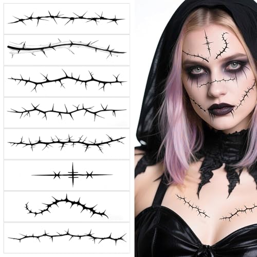 Halloween Stitches Tattoo Stickers Fake Scars Temporary Tattoos Black Horror Cosplay Accessories for Adult Kids Girls Gifts Halloween Party Decor 8sheets