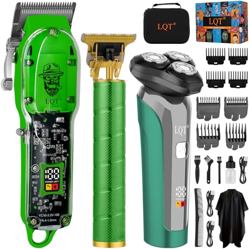 Professional Cordless Hair Clippers and Beard Trimmer Kit for Men, USB Rechargeable Hair Cutting Machine with 3D Floating Shaver, LED Display, Transparent Design, Grooming Gift Set, Home & Barber