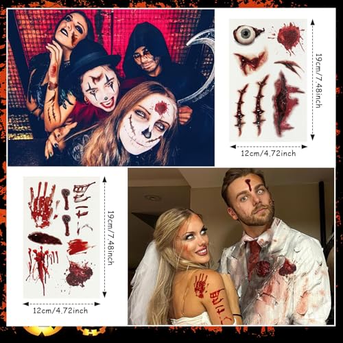12 Sheets Fake Scars Tattoo Temporary Halloween Makeup Kit, Realistic Halloween zombie makeup Fake Bloody Wound Stitch Scar Tatoos Halloween Masquerade Prank Makeup Props