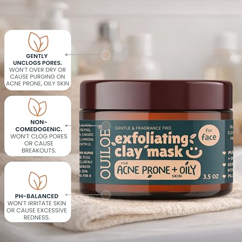 Fragrance Free Clay Mask for Acne Prone, Oily Skin - Non Irritating Exfoliating Clay Mask for Pores and Blackheads - Safe for Sensitive Skin - Non Comedogenic, pH Balanced & Gentle, 3.52 oz