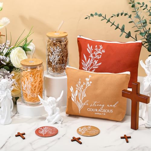 Fumete 2 Set Women's Day Christian Gifts for Women Bulk Religious Makeup Bag Bible Verse Glass Cup Mini Christian Compact Mirror Regalos Cristianos for Church Mothers Day Gifts (Bright Colors)