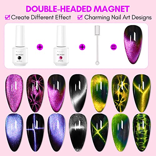 Makartt 9D Magnetic Cat Eye Gel Nail Polish Set, 6 Colors (Yellow, Purple, Silver, Rose Red, Green, Black Hole Effect) with Magnet Stick, 8ml ? Soak Off DIY Manicure & Nail Art Supplies