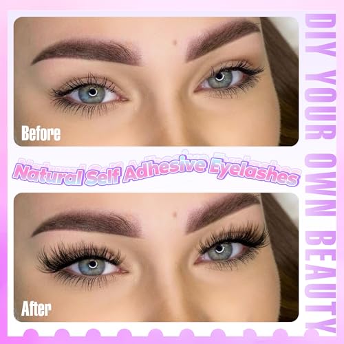 Zegaine Self Adhesive Eyelashes Natural Self Adhesive Lash Clusters Wispy Pre Glued Eyelash Clusters Clear Band C-Curly Pesta?as Postizas Naturales Wispy Glueless Lashes No Glue Needed 10-14MM