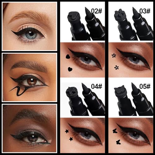 5PCS Waterproof Liquid Eyeliner Stamps,Black Stamp Eyeliner Pen,Double-Side Eye Liner Stamp,Smudge Proof Eye Liner Pen Star,Heart,Butterfly,Flower,Cone,Eye Face Stamp Tattoo Tools