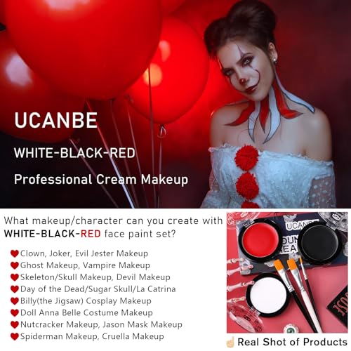 Goth White Foundation + Black Red Face Body Paint for Halloween Makeup, Face Painting Kit with Brushes Facepaint Set for Adults Clown Vampire Skull SFX Make Up Costume Cosplay Party Theater Stage