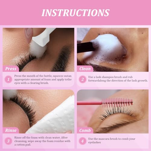 Lash Shampoo Kit & Brush, 2.04 fl.oz/60ml Gentle Foaming Cleanser Eyelash Wash for Extensions and Natural Lashes, Safe Makeup Remover Suppiles for Salon Use and Home Care