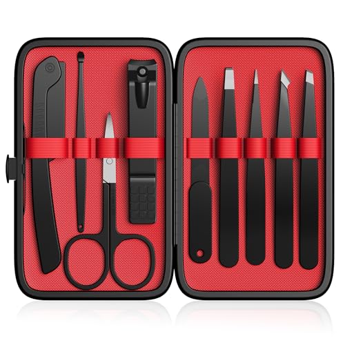 Yougai Tweezers Set,9 Pcs Professional Stainless Steel Tweezer Kit-Great Precision Eyebrow Tweezers for Ingrown Facial Hair with Leather Travel Case as Stocking Stuffing Gifts