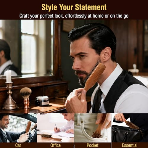 URTHEONE Premium Beard Brush Grooming Kit - 100% Natural Boar Bristle Hair Brush for Men, Ergonomic Handle,Cleaning Brush & Folding Scissors - Complete Beard Hair Care Set for Styling,Maintenance