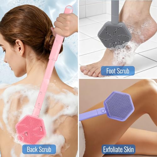 Silicone Back Scrubber for Shower ? 21in Extendable Shower Brush with Long Handle ? Dual-Sided Back Brush with Non-Slip Grip, Gentle Cleansing & Exfoliation for Men, Women, Elderly (Pink)