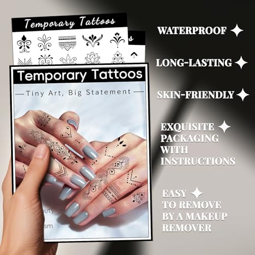 Cerlaza 62 Styles Temporary Tattoos Adult, Henna Hand Finger Fake Tattoos Semi Permanent Tattoo for Women Men, Realistic Long Lasting Small Hannah Tatoo Temporary Kits Stickers Body Art for Neck