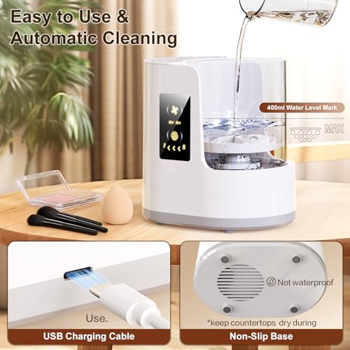 Electric Makeup Brush Cleaner 3-in-1, Automatic Brush Cleaning & Drying Machine with Dual-Direction Cleaning, Adjustable Dryer, Fits All Brush Sizes, for Makeup Brush Set, Blush Brush, Sponges