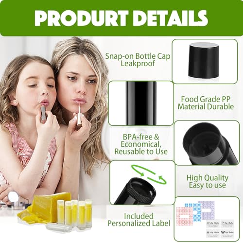 Lip Balm Tubes with Filling Tray and Spatula, 100 Empty Lip Balms Containers with Caps (Clear+Black), 100 Writeable and 100 Printed Stickers, BPA Free, Make Natural Lip Balm Kit for DIY