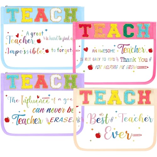 Kacctyen 4 Pcs Back to School Makeup Bags Gift for Teacher Chenille Letter Toiletry Bag Pouch with Zipper Travel Accessory Organizer Gifts Women Teacher