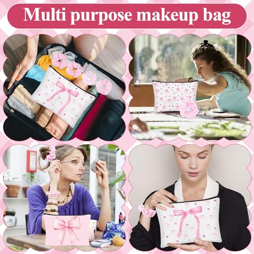 6 Set Pink Coquette Bow Gifts Include 6 Pink Bow Makeup Bags 6 Hair Scrunchies for Women Girls Preppy Cosmetic Bag Preppy Pouch Zipper Gift for Wedding Baby Shower Birthday Coquette Party Favors