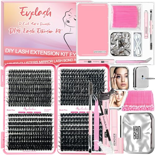 DIY Lash Clusters Kit with 630pcs Lashes Clusters,1X/2X Magnification Compact Mirror with Light,Lash Bond and Seal,Eyelash Remover Tweezers Applicator Mascara Brush(60-80-100-150D)