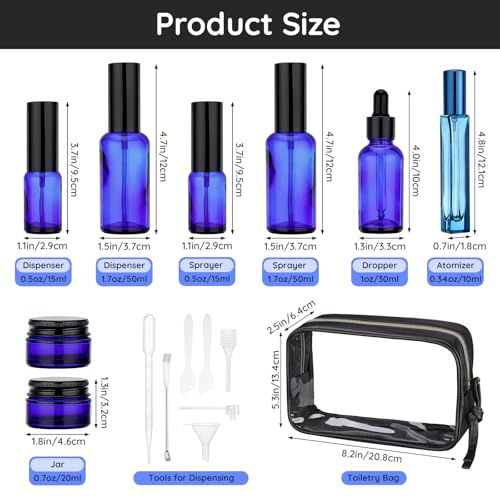 Segbeauty 8pcs Blue Travel Essentials Toilet Bottles Skincare Containers Set with Bag, Refillable Travel Size Containers Pump Bottle Cream Jar, Empty Glass Perfume Spray Bottles, Oils Dropper Bottle