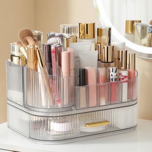 Delamu Makeup Organizer for Vanity with Stackable Drawers, 360 Rotating Makeup Brush Holder Large Cosmetic Display Case, Bathroom Skincare Storage, Crystal Clear, Ideal Christmas Gifts for Girls