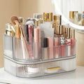 Delamu Makeup Organizer for Vanity with Stackable Drawers, 360 Rotating Makeup Brush Holder Large Cosmetic Display Case, Bathroom Skincare Storage, Crystal Clear, Ideal Christmas Gifts for Girls