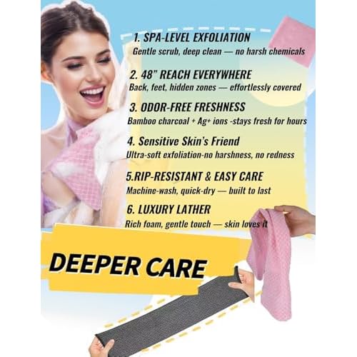 BLISSALRK Exfoliating Shower Towel 48",Premium Scrub Wash Cloth for Body Face, Exfoliating Washcloth for Men and Woman (1, Black+Pink)