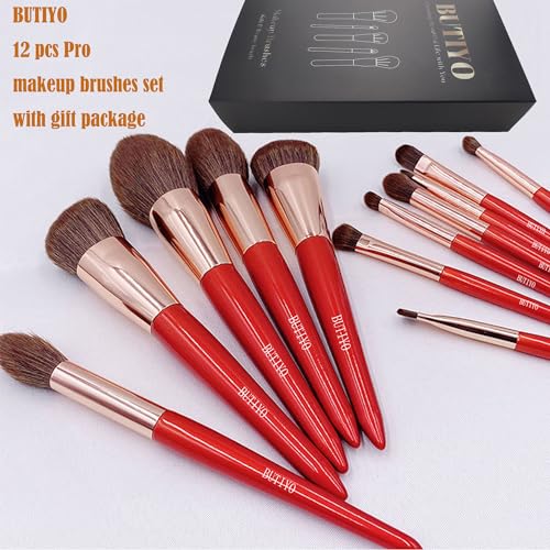 Makeup Brushes Set BUTIYO Synthetic Foundation Powder Concealers Eye shadows Blush Makeup Brushes with red 12 pcs (FB021)