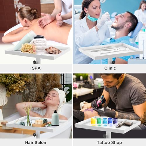 Salon Tray on Wheels, Salon Tray Cart Tattoo Tray Rolling Trolley, Hair Stylist Tray Height Adjustable, Dental Tray Hairdresser Tray Rolling Table Tray Cart (White)