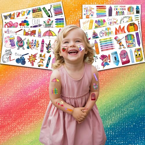 94 PCS Back To School Funny Art Crayon Temporary Tattoos Sticker Crayon Painting Birthday Party Decorations Favors Supplies Gifts Boys Girls Baby Shower Cute Tattoo School Prizes Reward Themed