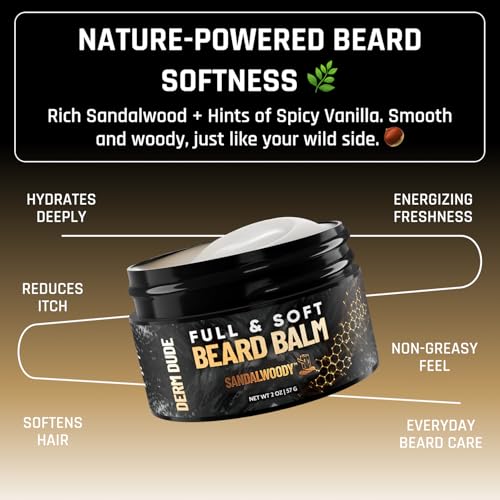 Derm Dude Full and Soft Beard Balm for Men ? Conditioning Balm with Natural Oils for Growth, Softness & Styling ? Tames Frizz, Hydrates Skin ? Non-Greasy - SandalWoody, 2oz
