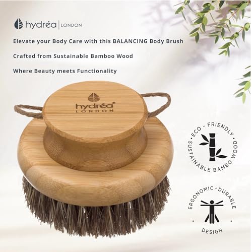 Hydr?a London Round Natural Body Brush with Mane/Cactus Bristle for Dry Brushing to Exfoliate, Remove Dead Skin, Cellulite and Aid Lymphatic Drainage.