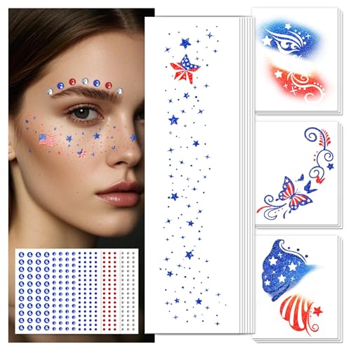 EMOME 4th of July Decorations, Independence Day Glitter Faux Freckles Face Tattoos with Red White Blue Face Gems, Patriotic Stickers Makeup Accessories for Fourth of July, Memorial Day, Labor Day