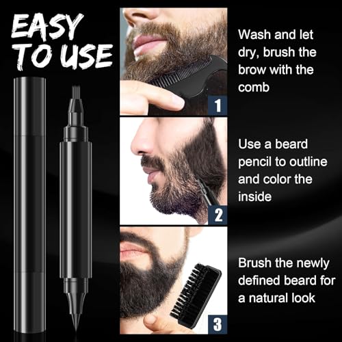 Beard Pencil Filler for Men Black - Beard Pen with Beard Brush & Comb, Barber Pencil Dual-Head Beard Filler with 4-Fork-Tip Waterproof Grooming Kit for Men, Gifts for Men (Dark Brown)