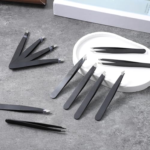 12 Pcs Eyebrow Tweezers Bulk, Stainless Steel Tweezers for Eyebrows Slanted Tip Precision Tweezer for Facial Hair Ingrown Hair Blackhead Splinter Removal and Lash Extension for Men Women (Black)