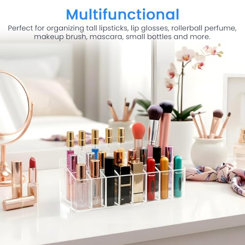 2 Pcs Rollerball Perfume Organizer, 24 Spaces Acrylic Perfume Storage Holder, Clear Beauty Scent Holder, Makeup Display Case Organizer for Lipstick Lip Glosses Brushes Perfumes Sample Mascara
