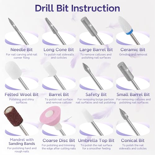 Electric Nail Drill Professional 35000RPM,Rechargeable Electric Nail File Cordless with 9-Speed & LED Display,12-in-1 Portable Manicure Pedicure kit for Acrylic Gel Dip Powder Nails (Purple)