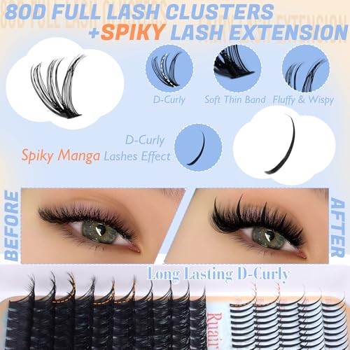 Lash Clusters Kit with Spikes 80D Volume Eyelash Extension Kit 360pcs 10-20mm Individual Lashes Manga DIY Lash Extension Kit with Bond, Seal and Tweezers by Ruairie