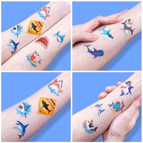 96 PCS Shark Pre-Cut Temporary Tattoos for Kids | Super Cute Shark Themed Birthday Party Favors, Supplies, Decorations, Cute Ocean Animal Tattoo Stickers (Multiple)