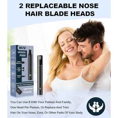 BUV Nose Hair Trimmer with LED Display- 2025 Professional Painless Ear Hair Trimmers for Men and Women, USB Rechargeable Nose Hair Trimmer Clipper ? 14,000 RPM IPX7 Waterproof Dual Edge Blades, Black