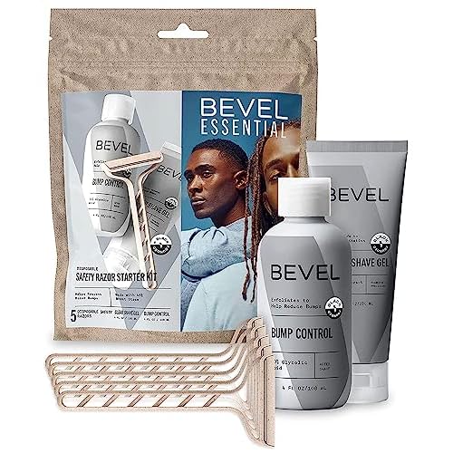 Bevel Essentials Disposable Safety Razor Shaving Starter Kit for Men, Includes 5 Stainless Steel Double Sided Safety Razors, Clear Shave Gel, and Post Shave Bump Control Cream
