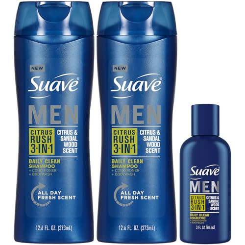 Suave Body Wash, Shampoo and Conditioner 3-in-1 for Men, Citrus Rush Bundle, Full-Size Twin Pack + 1 Travel Format (3 Piece Set)
