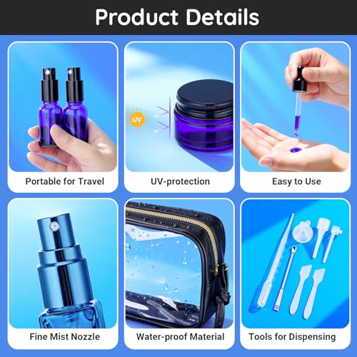 Segbeauty 8pcs Blue Travel Essentials Toilet Bottles Skincare Containers Set with Bag, Refillable Travel Size Containers Pump Bottle Cream Jar, Empty Glass Perfume Spray Bottles, Oils Dropper Bottle