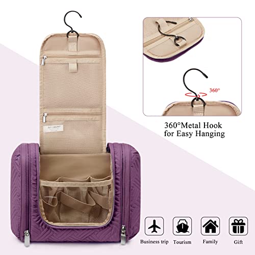 BAGSMART Large Travel Toiletry Bag for Women, Hanging Toiletry Bag with Hook, Travel Cosmetic Makeup Bag Travel Organizer for Accessories, Shampoo, Full Sized Container, Toiletries,Purple-Large