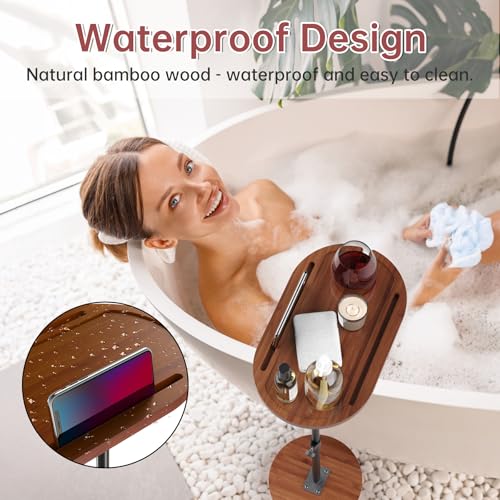 NiHome Bamboo Swivel Sofa Armrest Tray Table for Couch with Thickened Stable Base, Adjustable Height TV Tray Side Table with 360¡Æ Rotating for Bath Tub Hot Tub Bedside Balcony, Brown