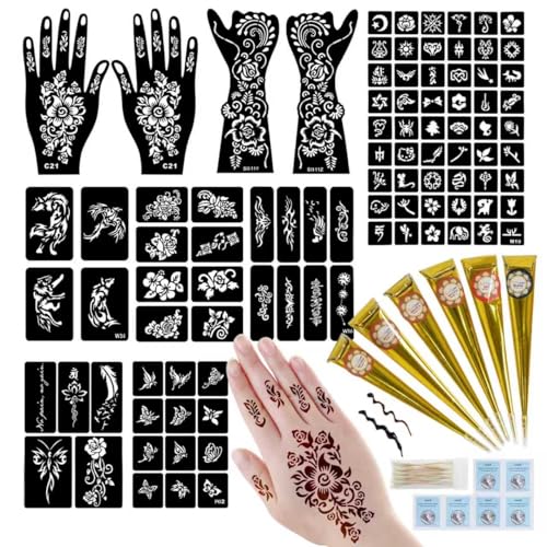 95 PCS Temporary Tattoos Stencils Kit,Temporary Tattoos Kit - 6 Pcs 3 Color(black*1,brown*4 & Red*1) Ink with 6 removal wipes,10 disposable cotton swabs DIY Body Art Painting for Women Men Adults