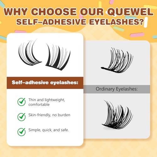 QUEWEL Self Adhesive Eyelashes, Pre Glued Eyelashes Clusters 90Pcs Manga Lashes No Glue Needed,D Curl Pre Glued Lashes With Tweezers for Cute Makeup ooks, Easy And Quick To Wear(ZZBP03)